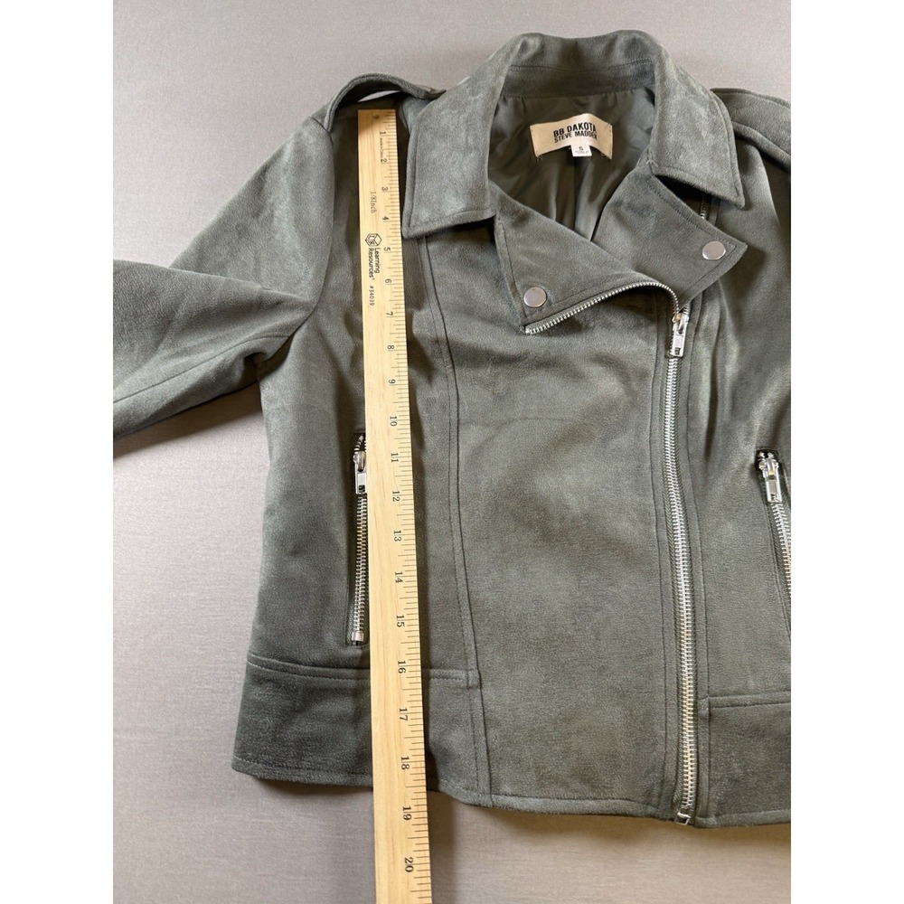 BB Dakota Steve Madden Faux Suede Moto Jacket Vegan Green Asymmetric Zip Small - Picture 13 of 14